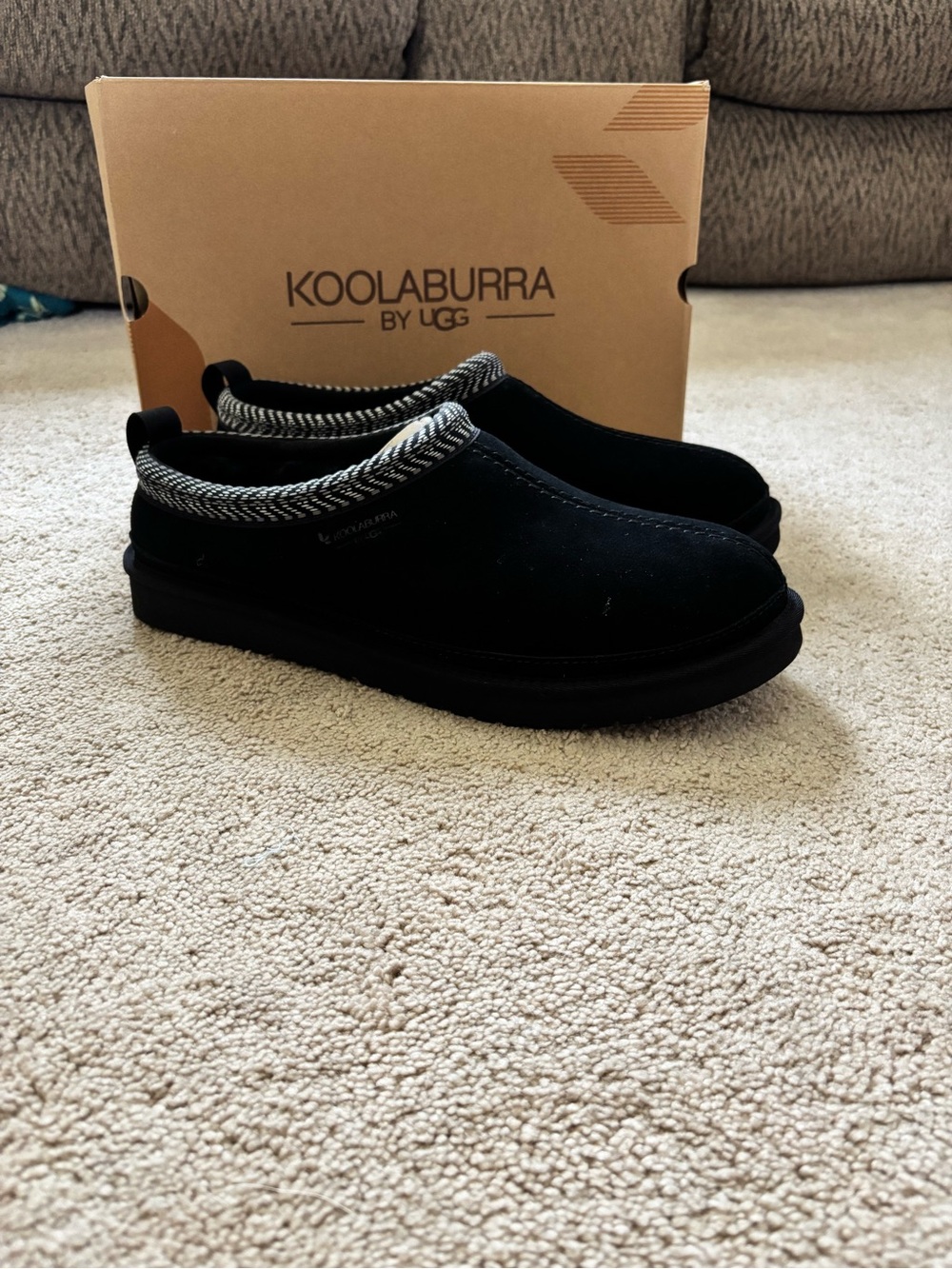 Koolaburra Black Suede Slip-On Loafers with Black & White Knit Collar